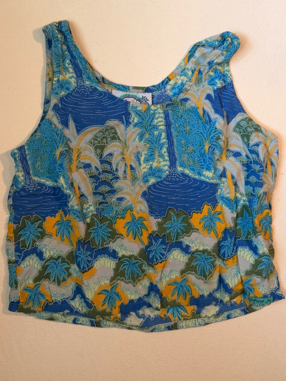 Tropical Blue & Yellow Palm Scoop Neck Tank Top